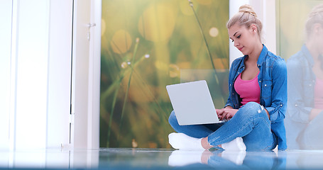 Image showing young women using laptop computer on the floor