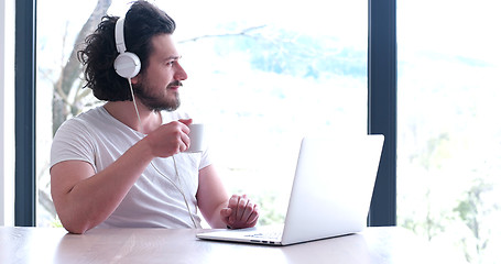 Image showing man drinking coffee enjoying relaxing lifestyle