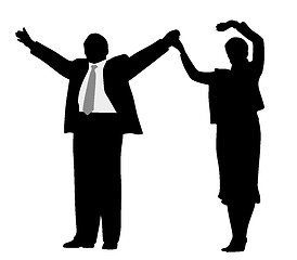 Image showing Successful business partners or leader politicians waving raised hands and greeting people