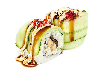 Image showing Uramaki maki sushi, two rolls isolated on white