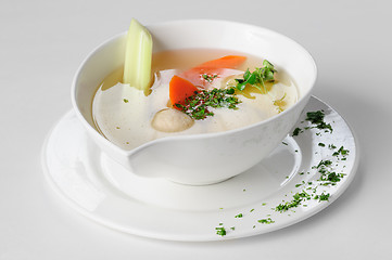 Image showing Soup with turkey meatballs, potatoes and vegetables. selective focus