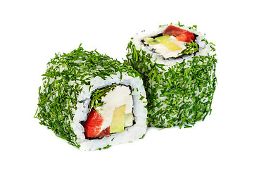 Image showing Uramaki vegetable maki sushi with dill, two rolls isolated on white