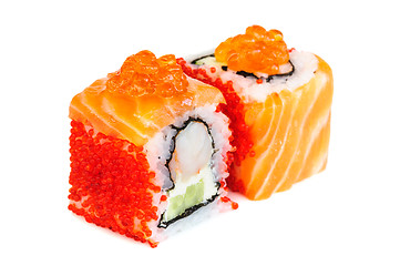 Image showing Uramaki maki sushi, two rolls isolated on white