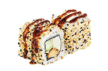 Image showing Uramaki maki sushi, two rolls isolated on white