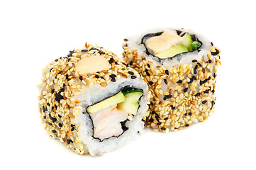 Image showing Uramaki maki sushi, two rolls isolated on white