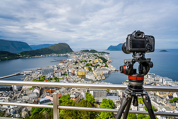 Image showing City of Alesund Norway Camera on a tripod on the observation dec