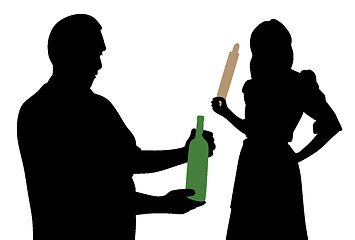 Image showing Husband looking at bottle of alcohol and angry wife holding rolling pin