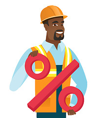 Image showing African-american builder holding percent sign.