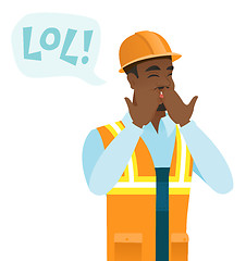 Image showing Young african-american builder laughing out loud.