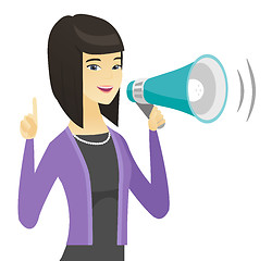 Image showing Asian business woman talking into loudspeaker.