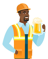 Image showing Young african-american builder drinking beer.