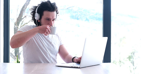 Image showing man drinking coffee enjoying relaxing lifestyle