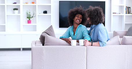 Image showing multiethnic couple sitting on sofa at home drinking coffe