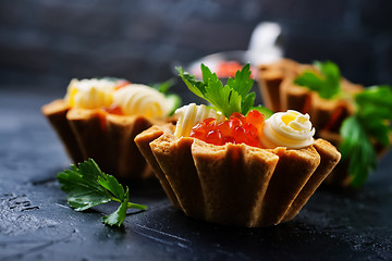 Image showing tartalets, butter and salmon caviar