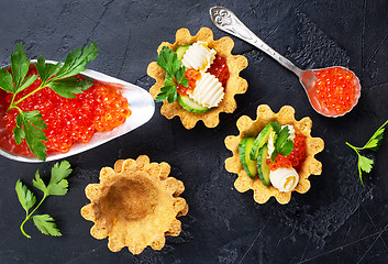 Image showing tartalets, butter and salmon caviar