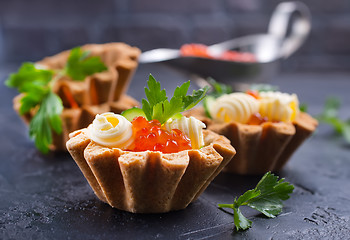 Image showing tartalets, butter and salmon caviar