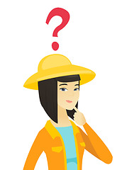 Image showing Thinking young asian farmer with question marks.