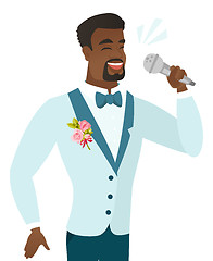 Image showing Young african groom singing to the microphone.