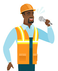 Image showing African-american builder singing to the microphone