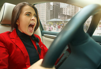 Image showing Driving around city. Young attractive woman driving a car