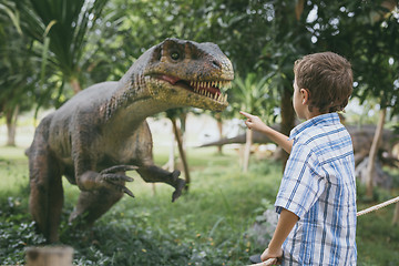 Image showing little boy playing in the adventure dino park.