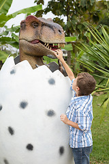 Image showing little boy playing in the adventure dino park.