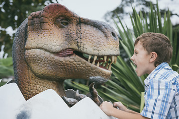 Image showing little boy playing in the adventure dino park.