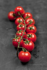 Image showing Fresh organic cherry tomatoes bunch closeup on black board.