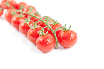 Image showing Fresh organic wet cherry tomatoes bunch.