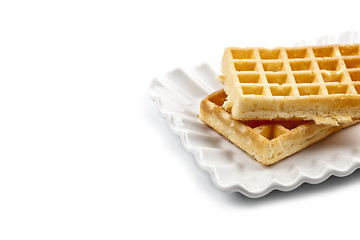 Image showing Belgium waffers on white ceramic plate isolated on white backgro