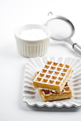 Image showing Belgium waffers with sugar powder on ceramic plate and strainer 
