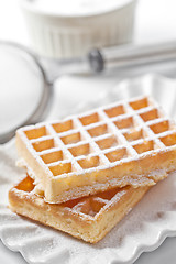 Image showing Belgium waffers with sugar powder on ceramic plate and strainer 