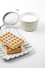 Image showing Belgium waffers with sugar powder on ceramic plate and strainer 