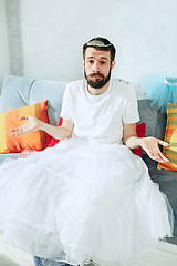 Image showing Man in ballet tutu on white at home