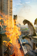 Image showing Chimeras in fire on Notre Dame