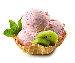 Image showing strawberry ice cream in waffle basket