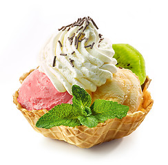 Image showing various ice cream scoops in waffle basket