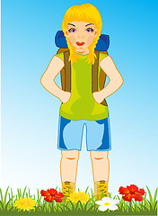 Image showing Vector illustration of the girl of the tourist on year glade with flower
