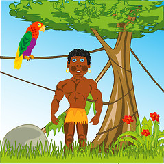 Image showing Dark-skinned man in tropical jungle cartoon .Vector illustration