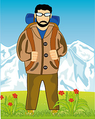 Image showing Vector illustration of the colorful landscape and men with rucksack