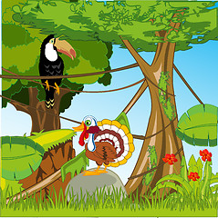 Image showing Tropical green wood with exotic bird.Vector illustration