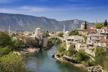 Image showing Mostar with the Old Bridge houses and minarets in Bosnia and Her