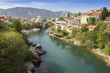 Image showing Mostar with the Old Bridge houses and minarets in Bosnia and Her