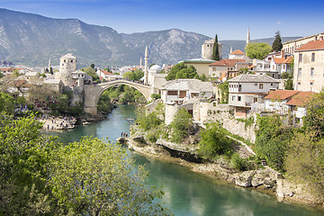 Image showing Mostar with the Old Bridge houses and minarets in Bosnia and Her