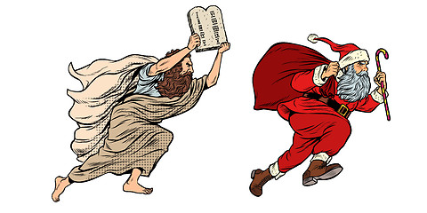 Image showing Moses and Santa Claus. Dispute old and new. Tradition versus secular