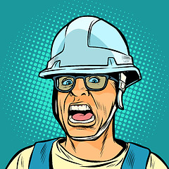 Image showing worker in a helmet screaming. danger of fright