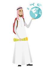 Image showing Muslim traveler man holding map and globe.