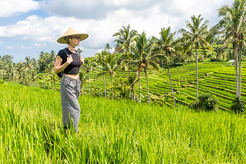 Image showing Relaxed fashionable caucasian female tourist wearing small backpack and traditional asian paddy hat walking among beautiful green rice fields and terraces on Bali island