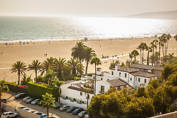 Image showing Ocean view on beach of Santa Monica in sunset