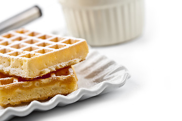 Image showing Belgium waffers with sugar powder on ceramic plate and strainer 